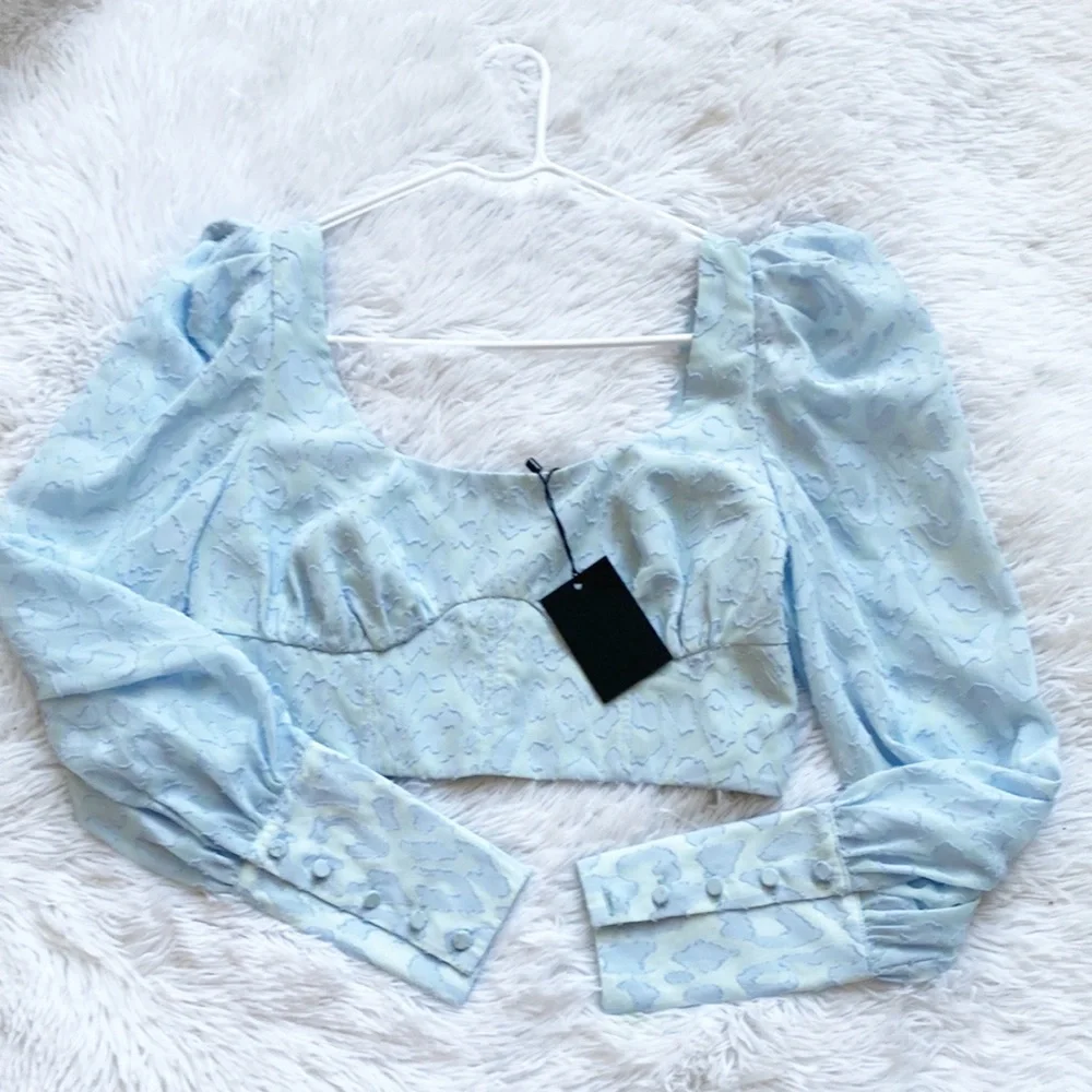 NWT NBD x Revolve Bex Baby Blue Chiffon Crop long sleeve top blouse women size S